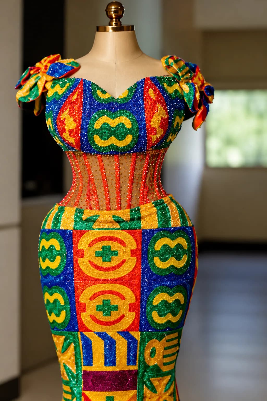 A multi-colour beaded Kente gown on a dress form inside the atelier, its bodice patterned in green, red, blue and gold beadwork above a sheer beaded waist.
