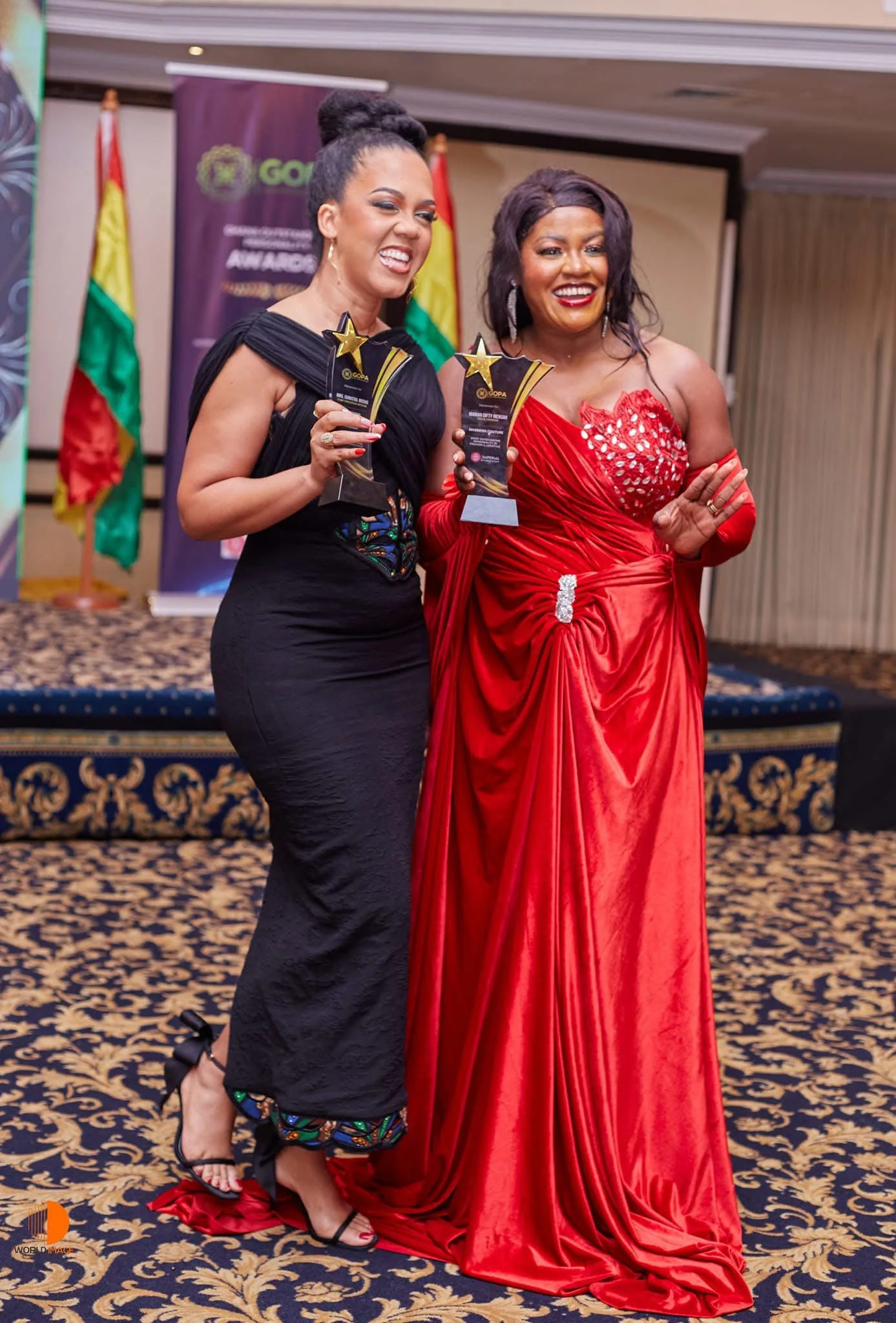 Nineteen individuals standing on a stage posing with awards and framed portraits, GOPA stage banner visible.